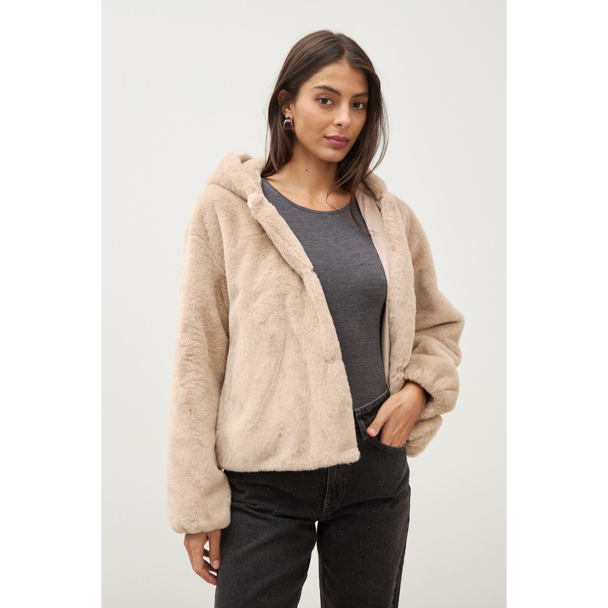 Blouson ample court col montant beige, BONOBO