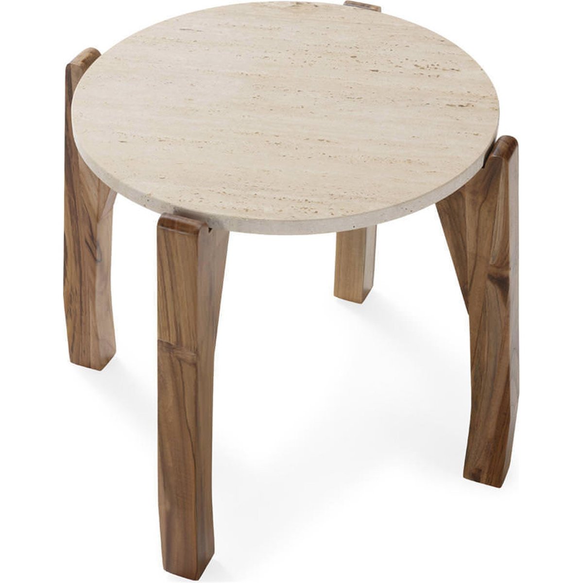 Table d'appoint ronde en teck et travertin naturel et crème, RECOLLECTION