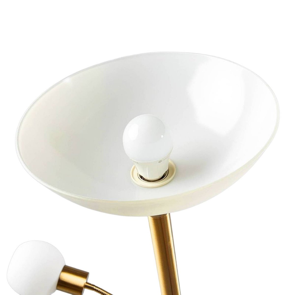 Lampadaire en métal moderne, Elaina laiton, blanc, blanc opale, LINDBY