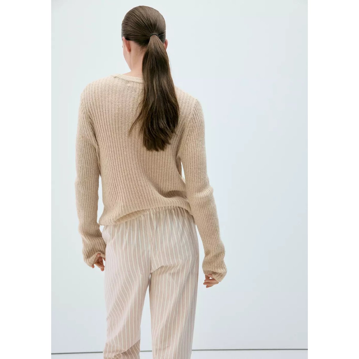 Pull-over maille côtelée beige, MANGO