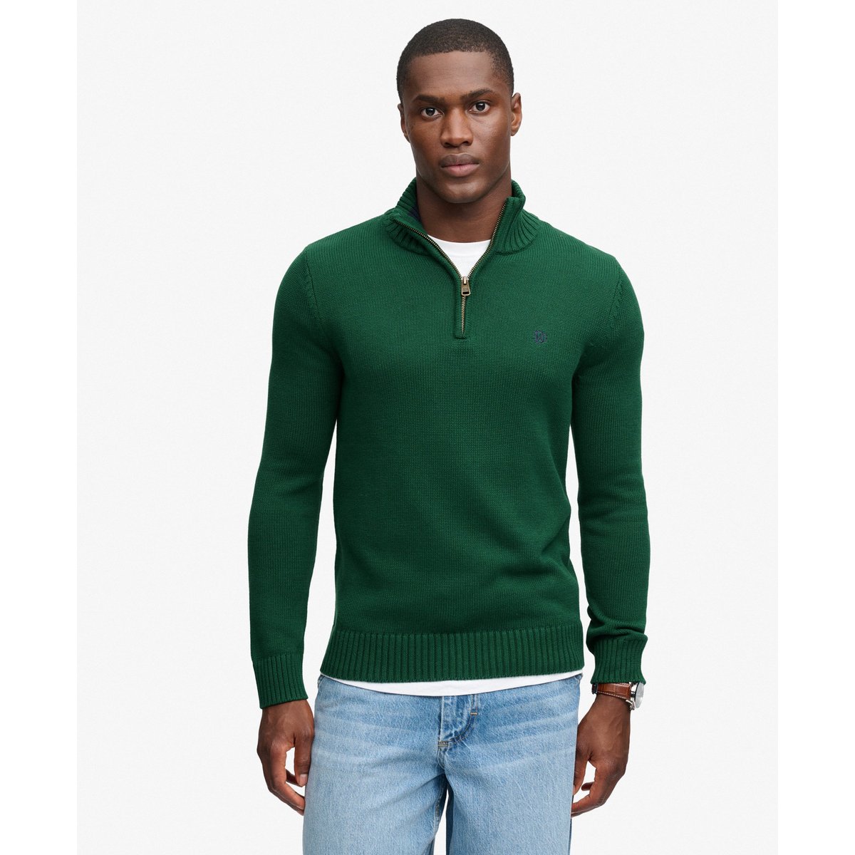 Pull Maille Demi-Zip Coupe Ajustée vert forêt, SUPERDRY