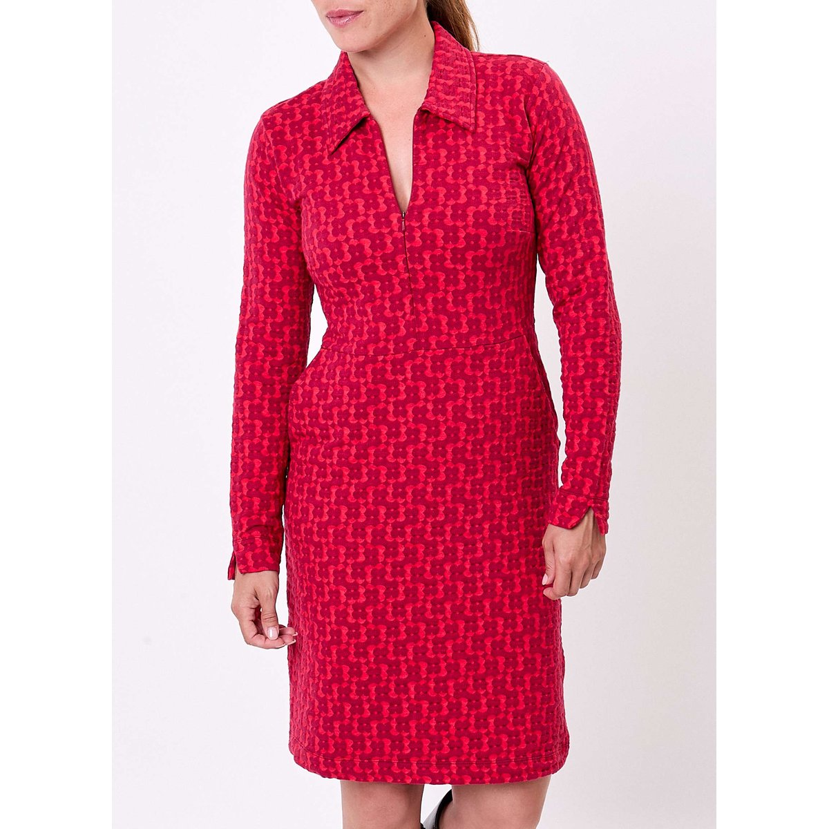Robe maille jaquard recyclée col zippé CLELIE rouge lucky, PRINCESSE NOMADE
