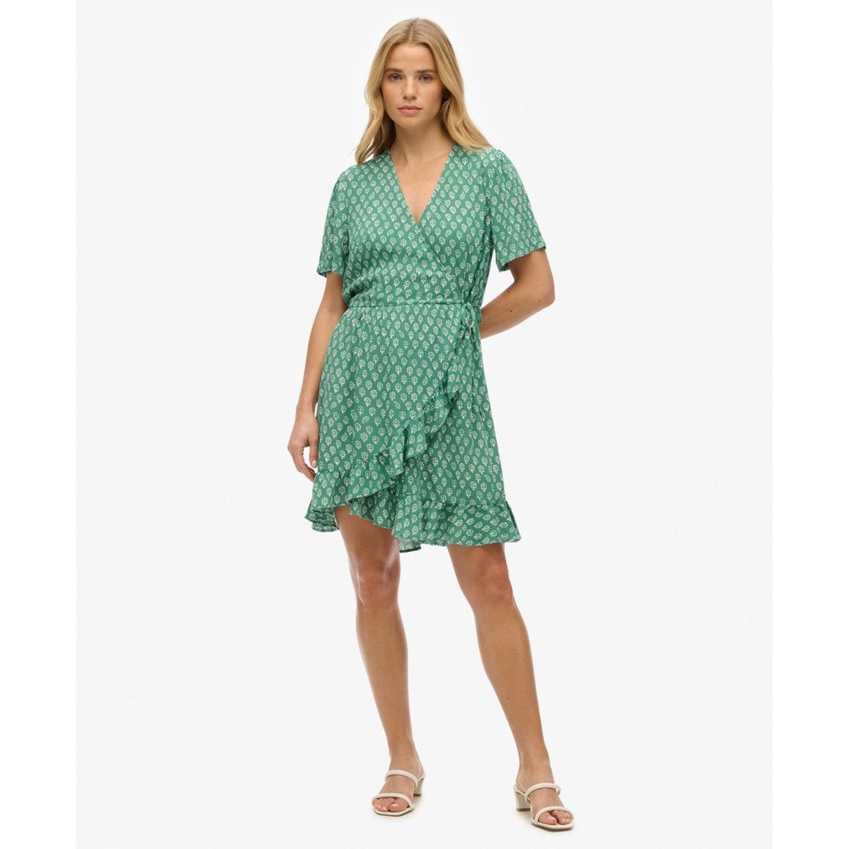 Robe portefeuille courte imprimée à manches courtes vert block floral, SUPERDRY