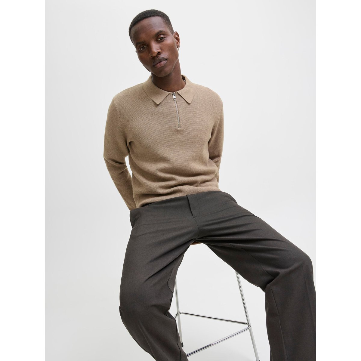 Pull col polo, demi-zippé greige, JACK & JONES