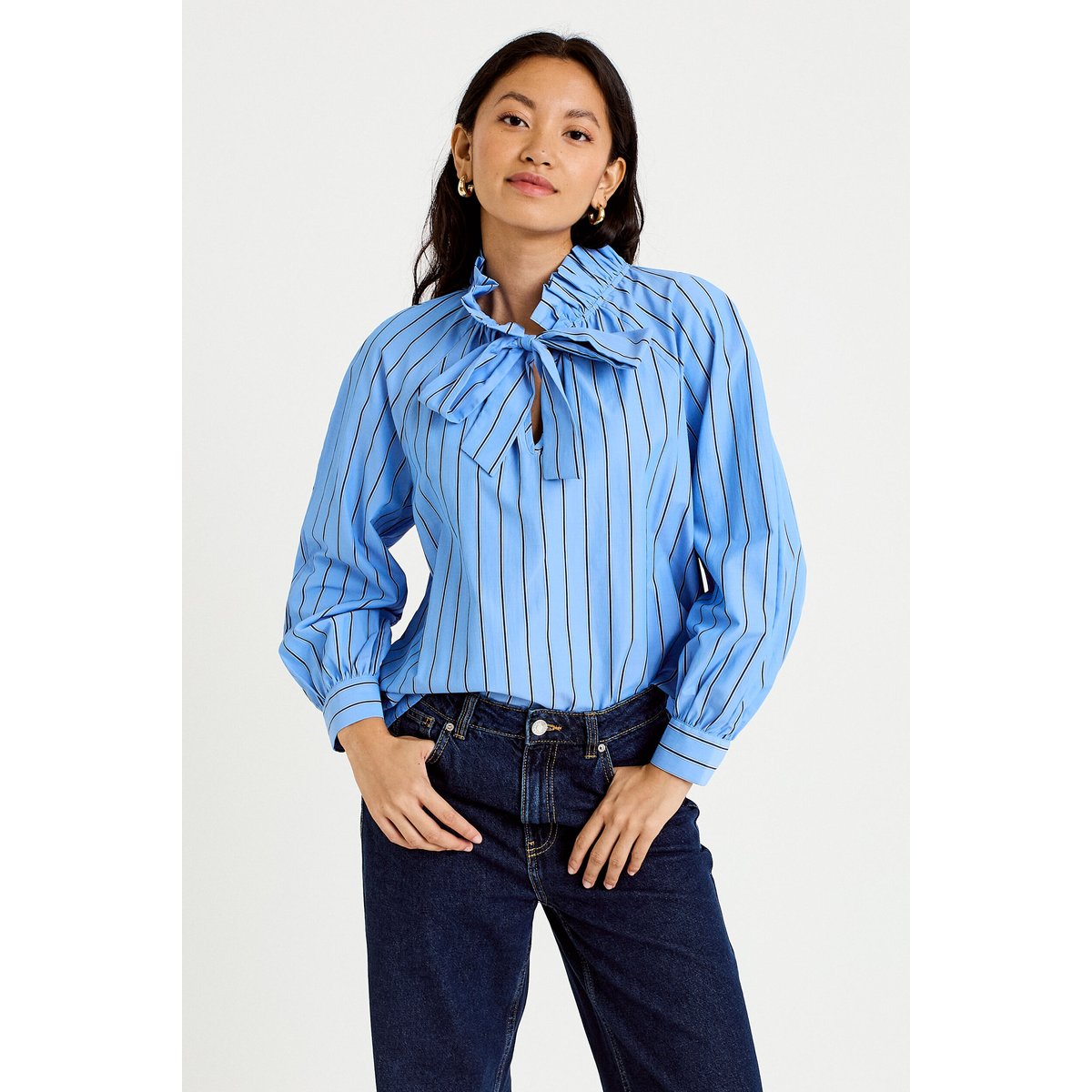 Blouse ample col montant manches longues bleu, CACHE CACHE