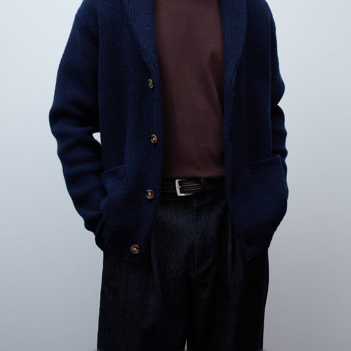 Gilet col châle en laine marine, MONOPRIX