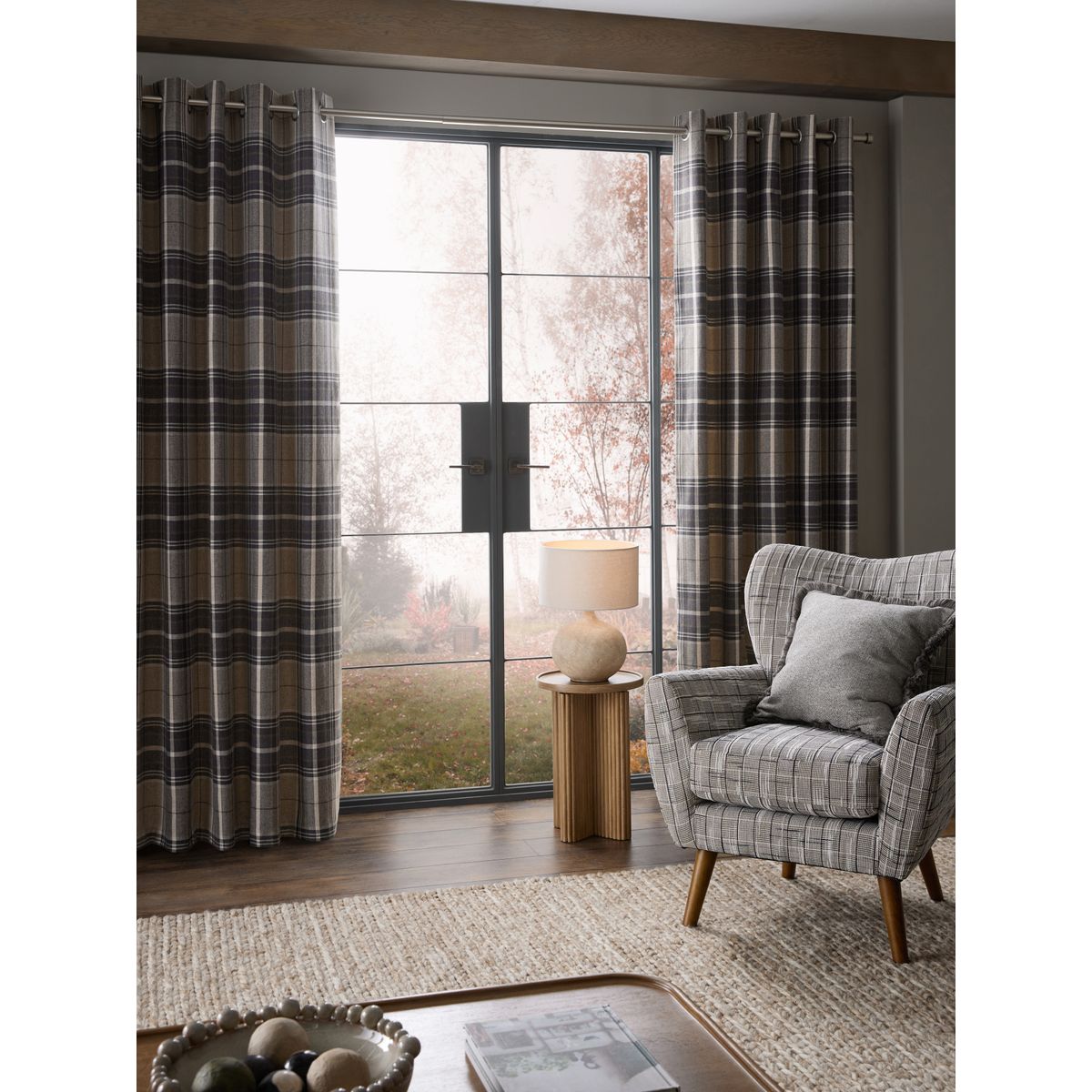 Rideaux doublés à carreaux brossés et œillets gris anthracite naturel, NEXT