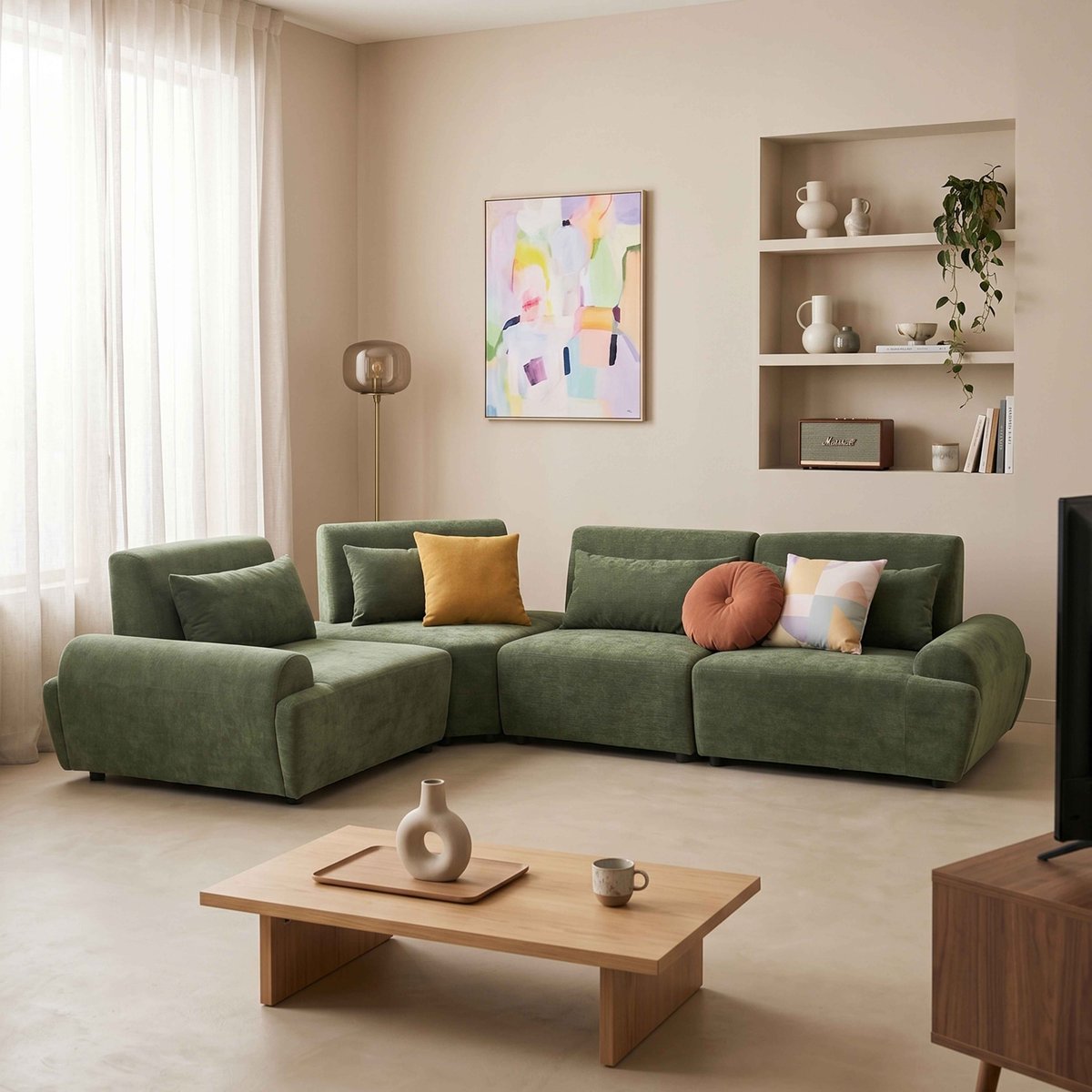 Canapé modulable d'angle 4 places en tissu avec coussins dossier ajustable, CALLISTO vert, OVIALA