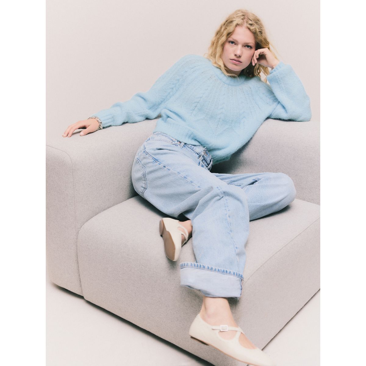 Pull ras du cou en maille torsadée laine bleu clair, NEXT
