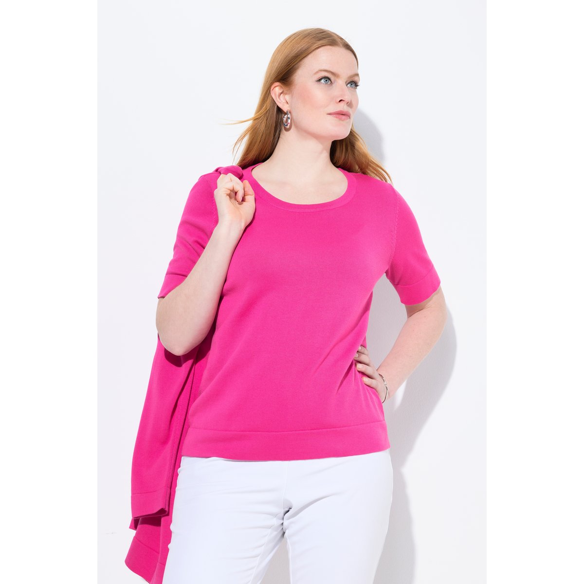 Pull twinset en coton Pima. Col magenta, ULLA POPKEN