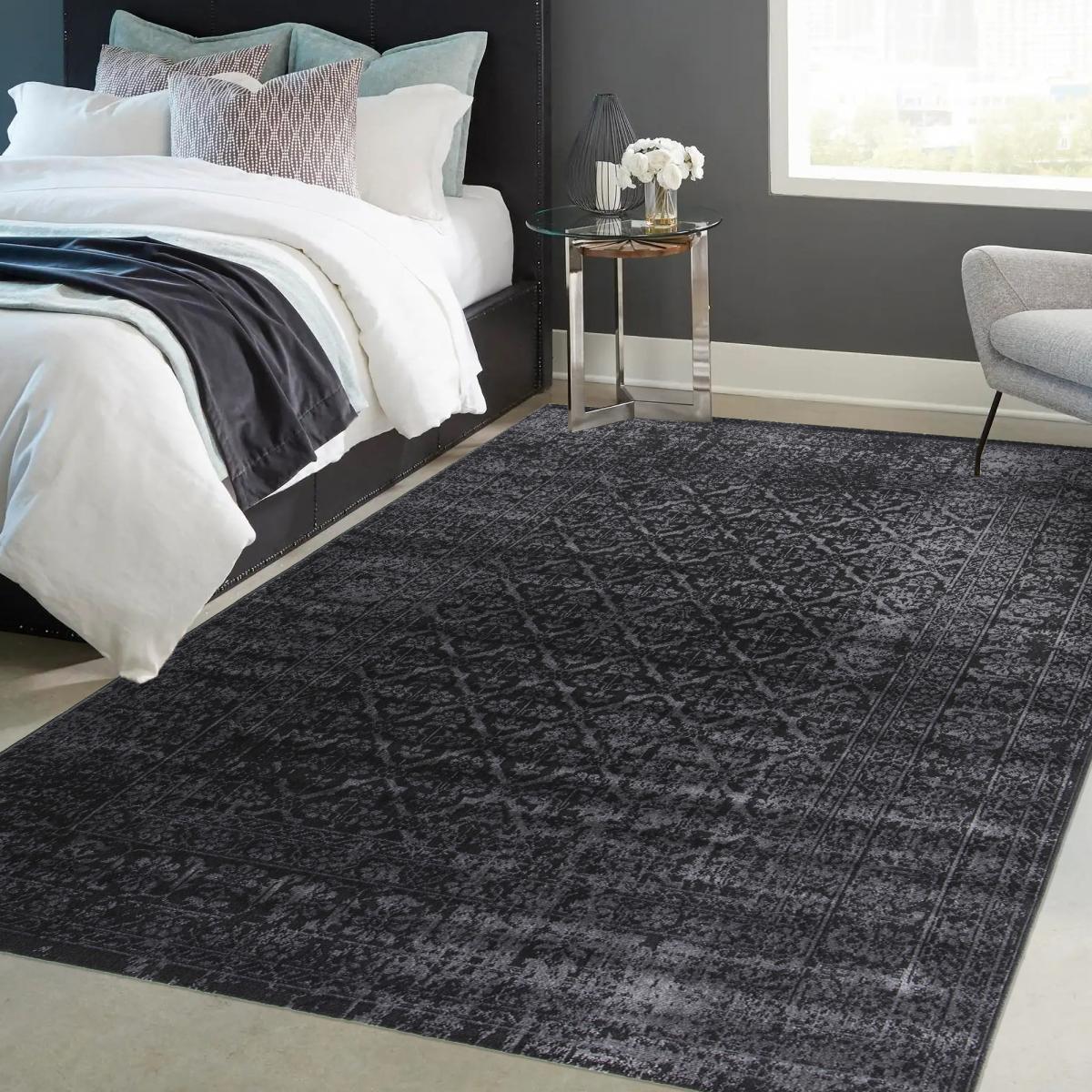 Tapis chambre tissé motif ethnique LUMIN 4 noir, UN AMOUR DE TAPIS