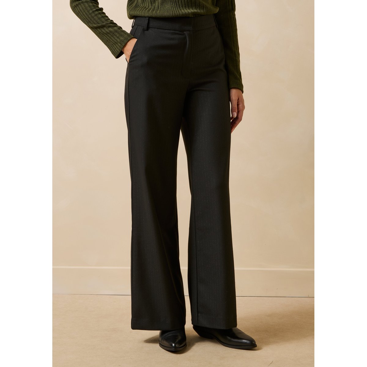 Pantalon droit taille haute à rayures noir, LA FEE MARABOUTEE