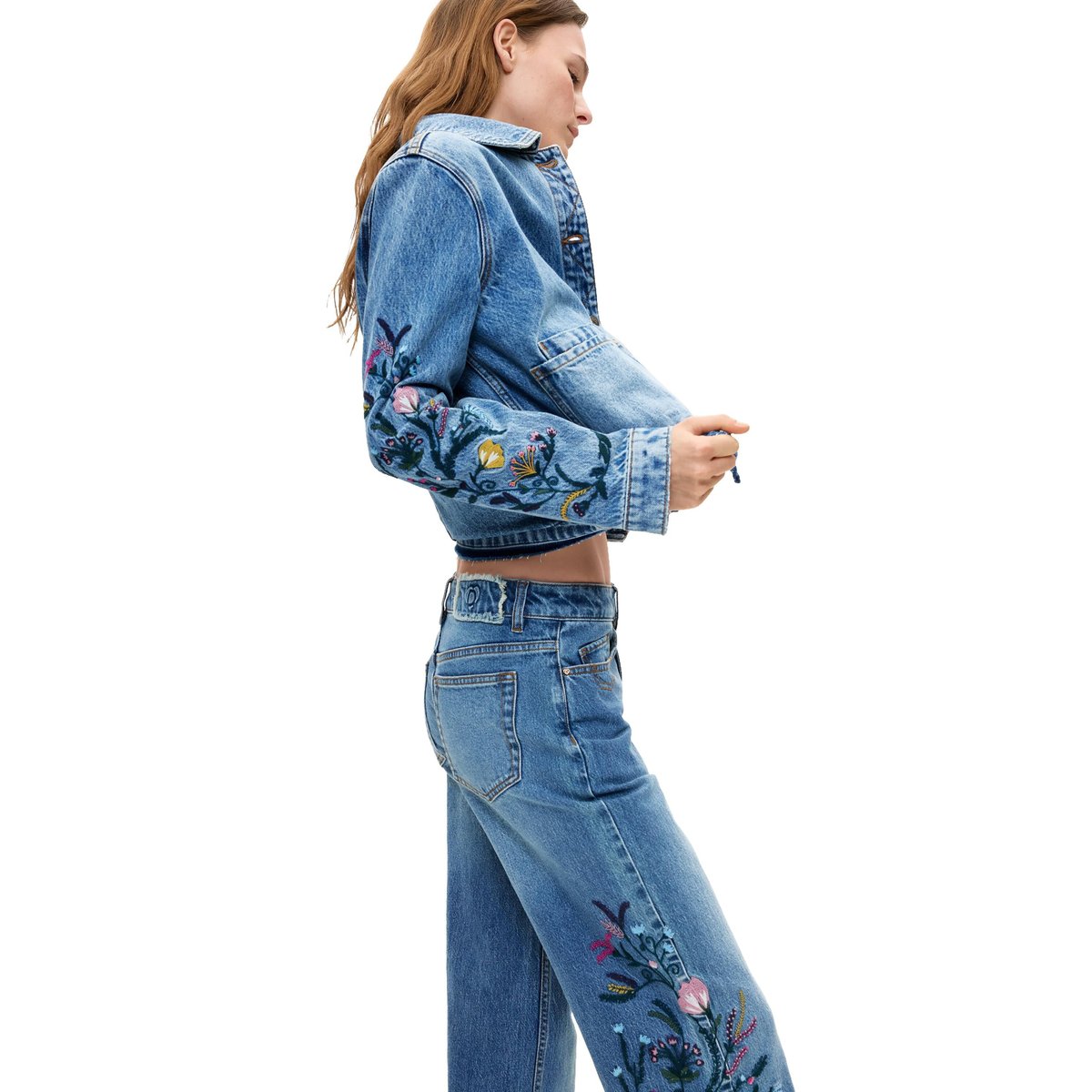 Pantalon en jean culotte à fleurs bleu clair, DESIGUAL