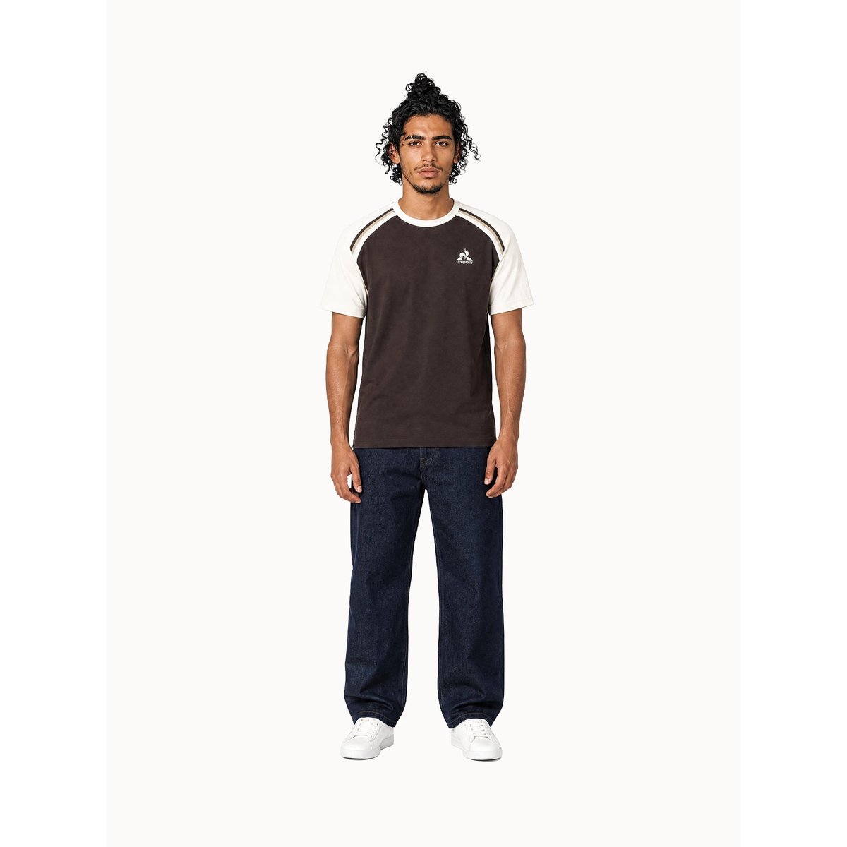 T-shirt en jersey de coton avec bandes rayées épaules Heritage marron fonce, LE COQ SPORTIF