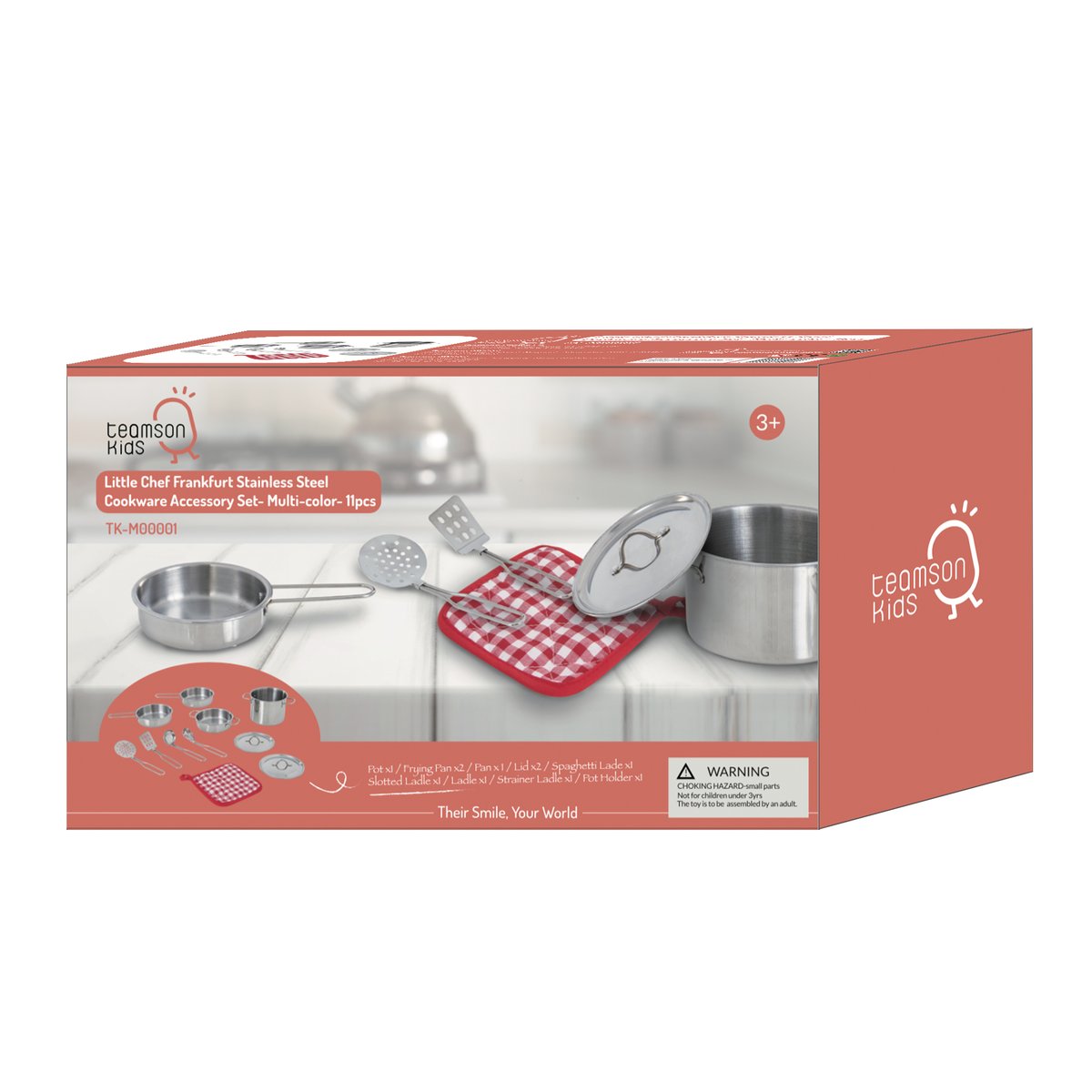 Set de cuisine inox 11 pièces pour jeu d’imitation, LITTLE CHEF gris, TEAMSON KIDS