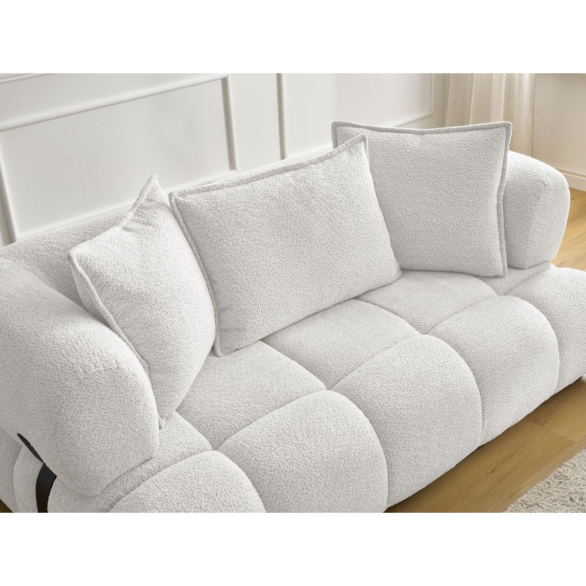 Canapé droit fixe 2 places en tissu bouclette avec pouf, ALYA blanc, BOBOCHIC