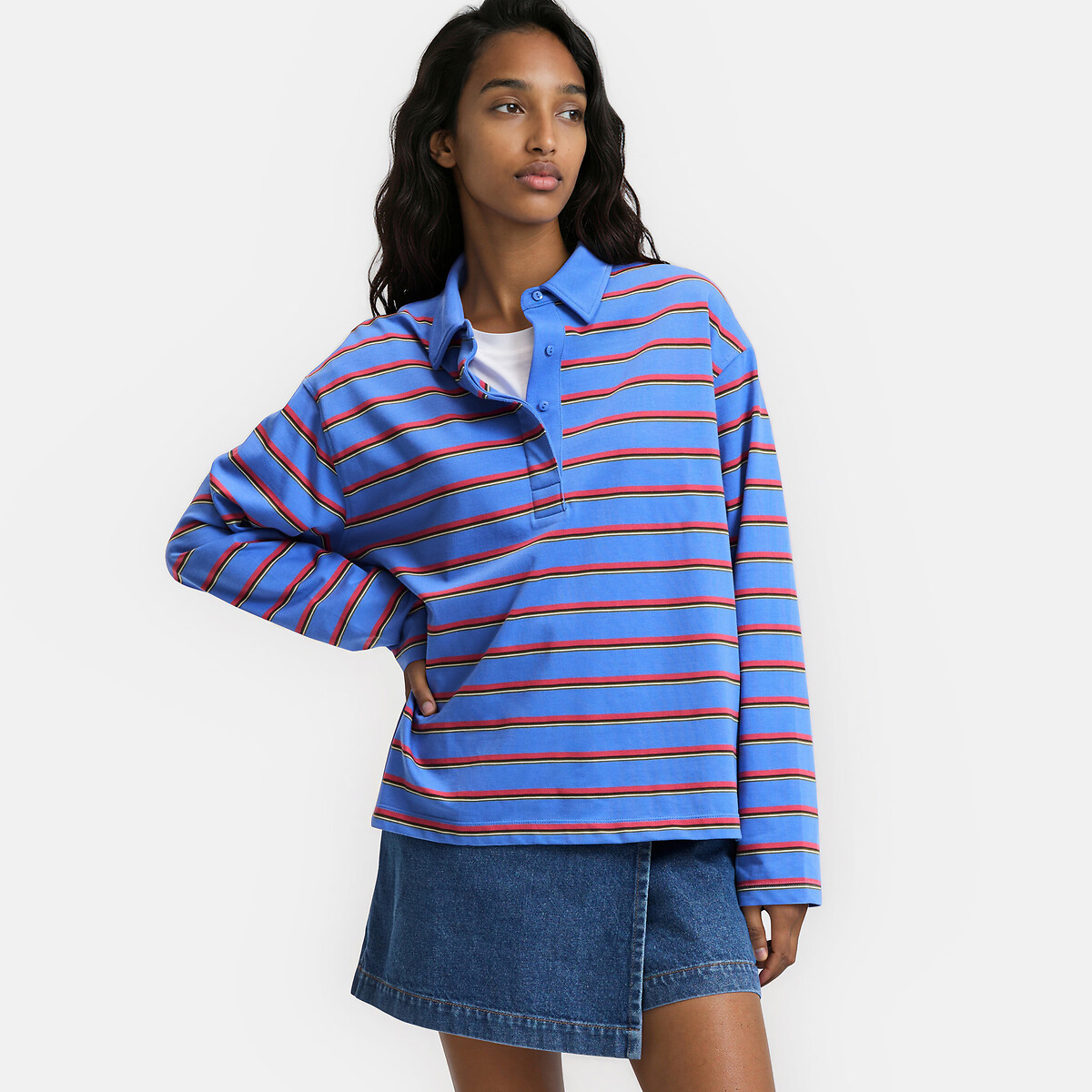 Gestreept T-shirt met polokraag, lange mouwen gestreept bordeaux/blauw, LA REDOUTE COLLECTIONS