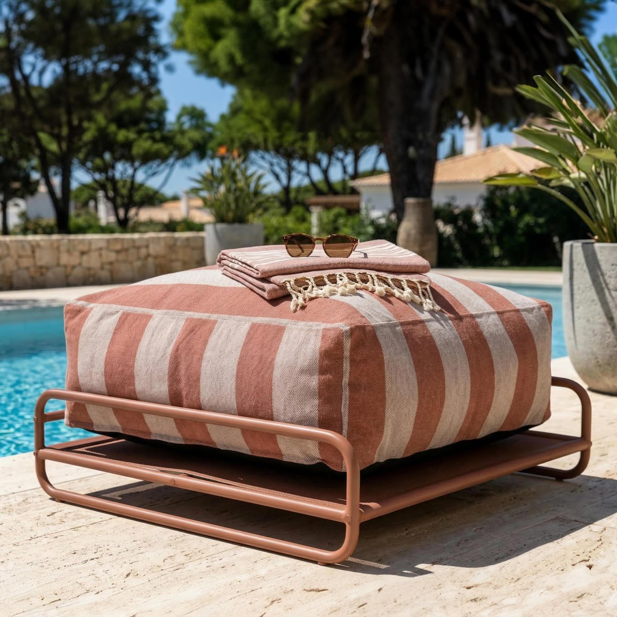 Pouf rayé pour salon de jardin modulable avec structure, MIXI terracotta, OVIALA