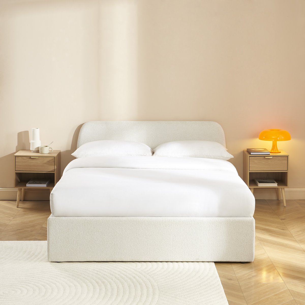 Lit coffre tissu chenille avec sommier GELA ecru, BAÏTA