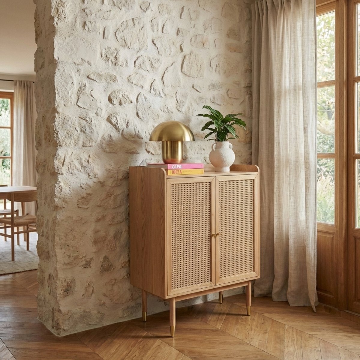 Buffet 2 portes en cannage rotin LEON chêne clair, SORELH