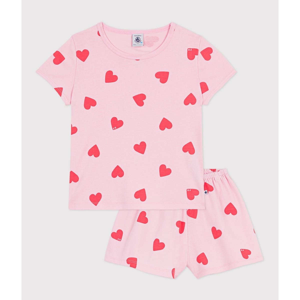 Pyjama short, en coton, imprimé cœurs rose, PETIT BATEAU
