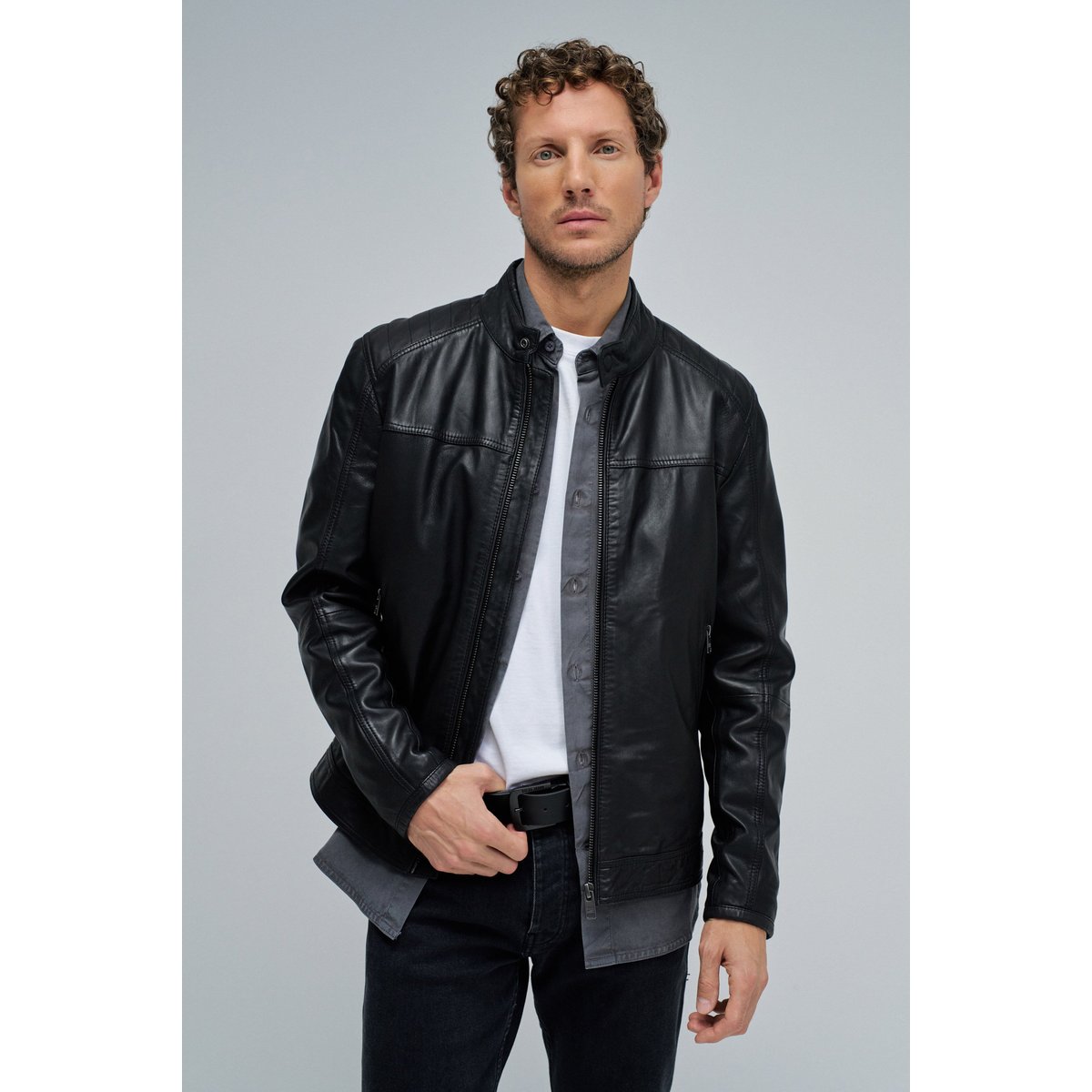 BLOUSON BIKER EN CUIR noir, SALSA JEANS