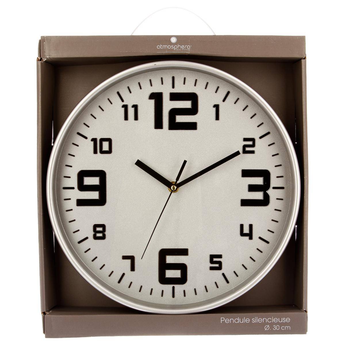Horloge murale silencieuse cadre en métal brossé ELIAN argent, ATMOSPHERA