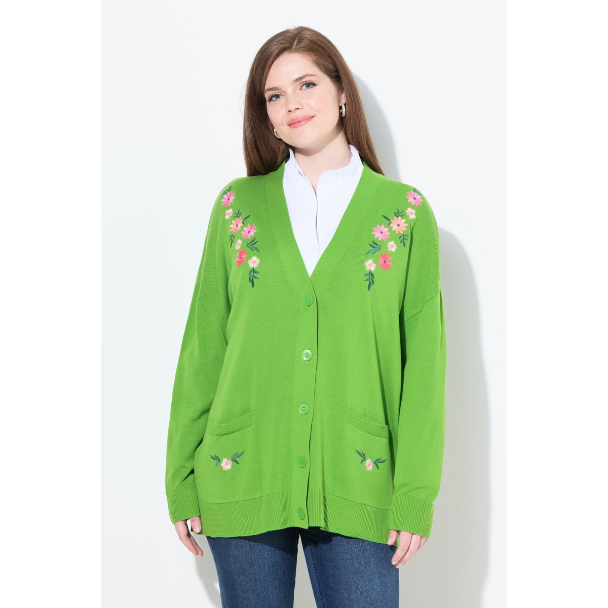 Cardigan encolure en V et manches longues vert gazon, ULLA POPKEN