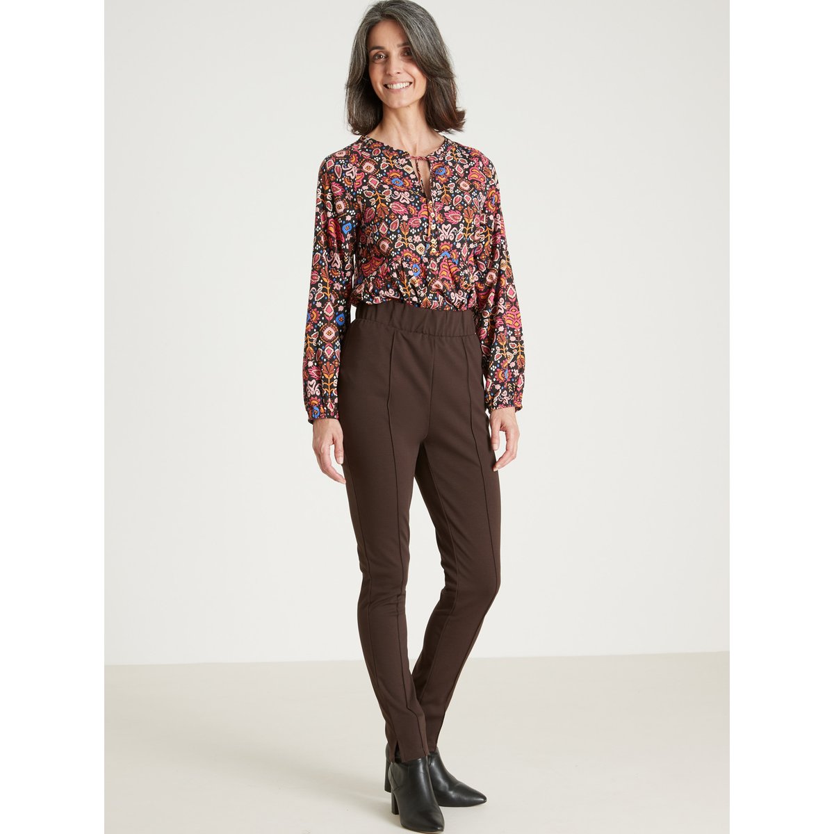 Pantalon droit élastiqué en maille milan chocolat, DAXON
