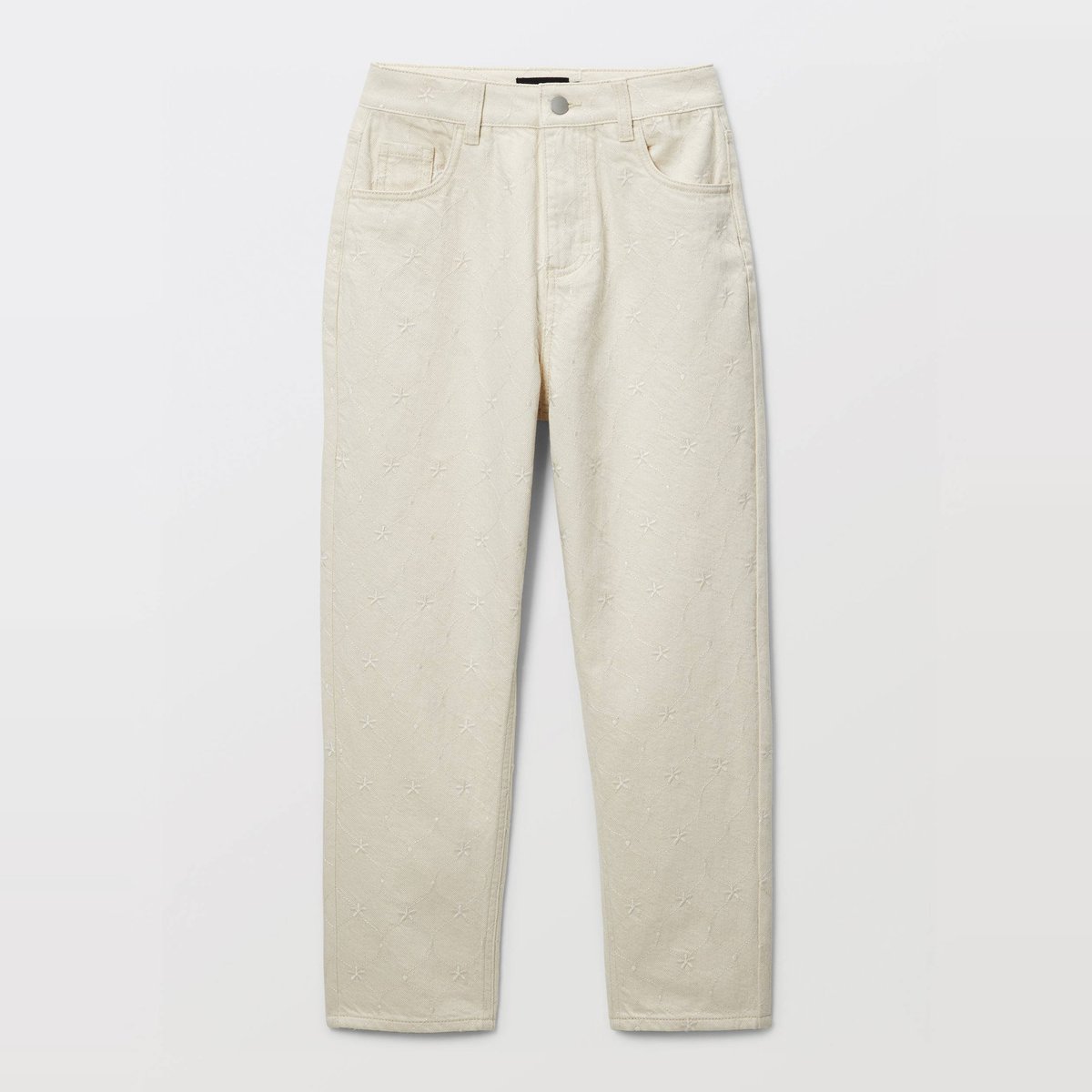 Pantalon large brodé en twill de coton butter cream, MONOPRIX