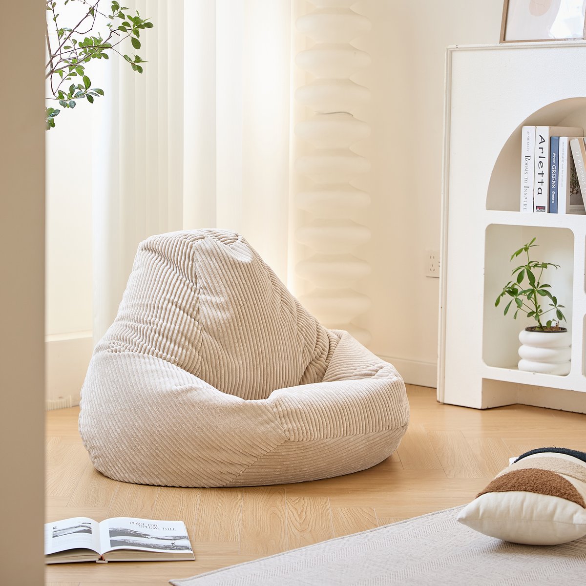 Pouf de salon, velours côtelé, GRANA beige, NORDLYS