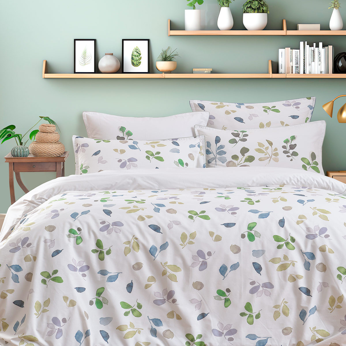 Parure housse de couette percale de coton avec 2 taies 50x70 cm BARBARA eucalyptus, SENSEI MAISON