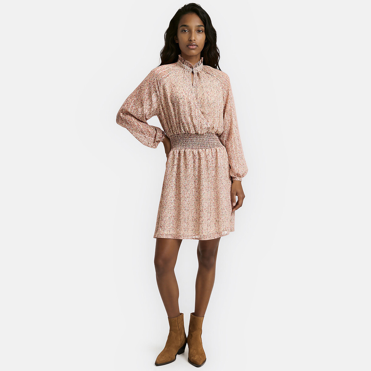 Floral Print Long Sleeve Victorian Collar Mini Dress pink, LA REDOUTE COLLECTIONS