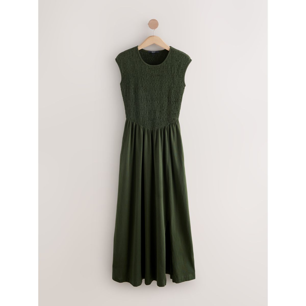 Robe mi-longue froncée en jersey à mancherons vert kaki, NEXT