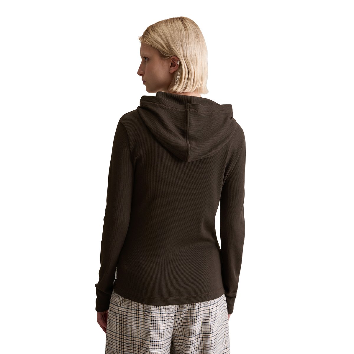 T-shirt long à capuche slim en doux jersey stretch coton bio modal marron foncé, MARC O’POLO DENIM