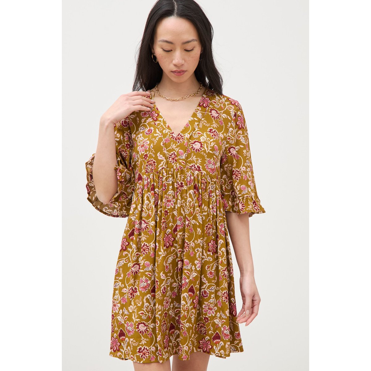 Robe col v manches au coude vert olive, BONOBO