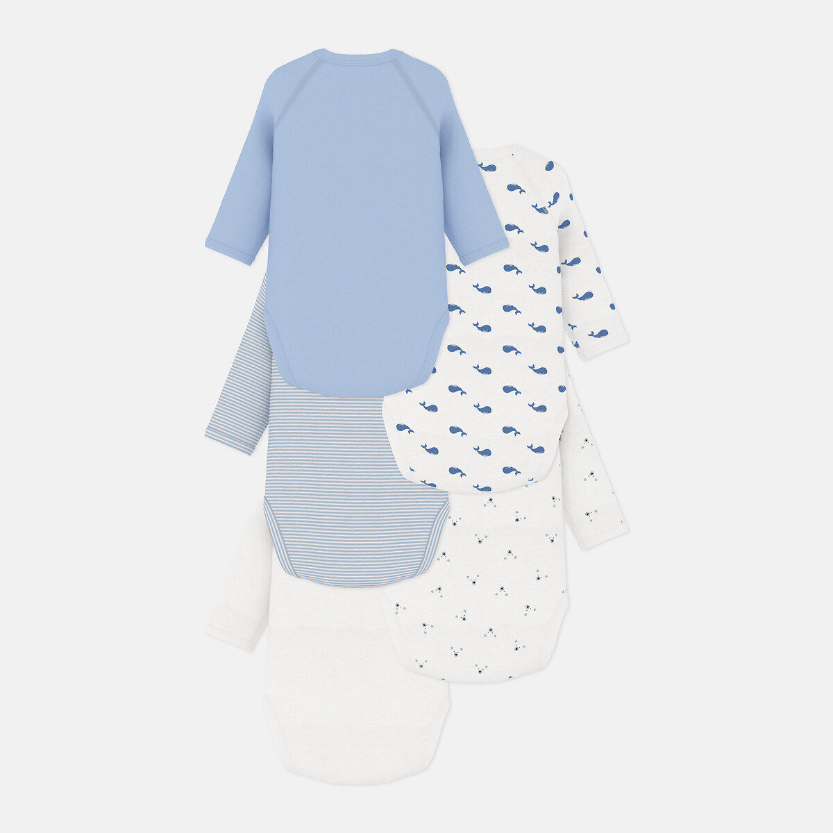 Confezione da 5 body nascita a maniche lunghe blu + bianco, PETIT BATEAU