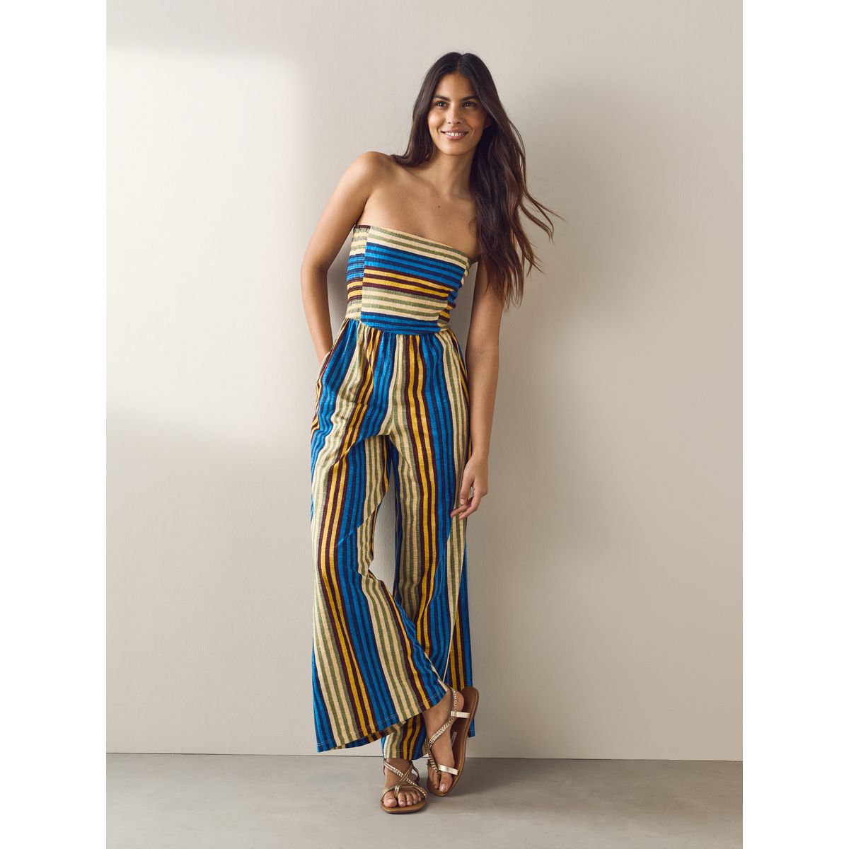 Combi-pantalon bandeau large en jersey rayures bleu/jaune, NEXT
