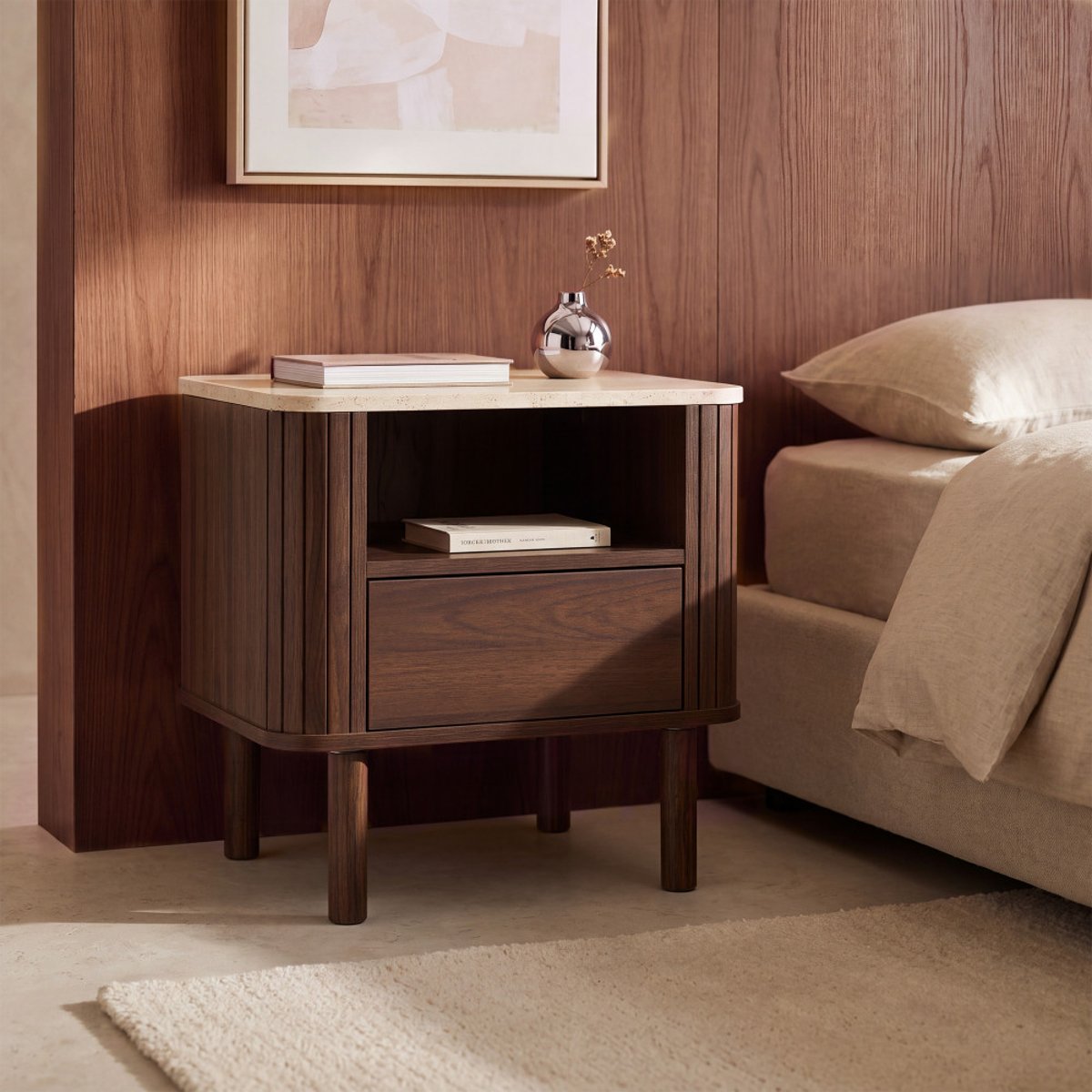 Table de chevet 1 tiroir en bois effet travertin- MAYA bois foncé, DRAWER