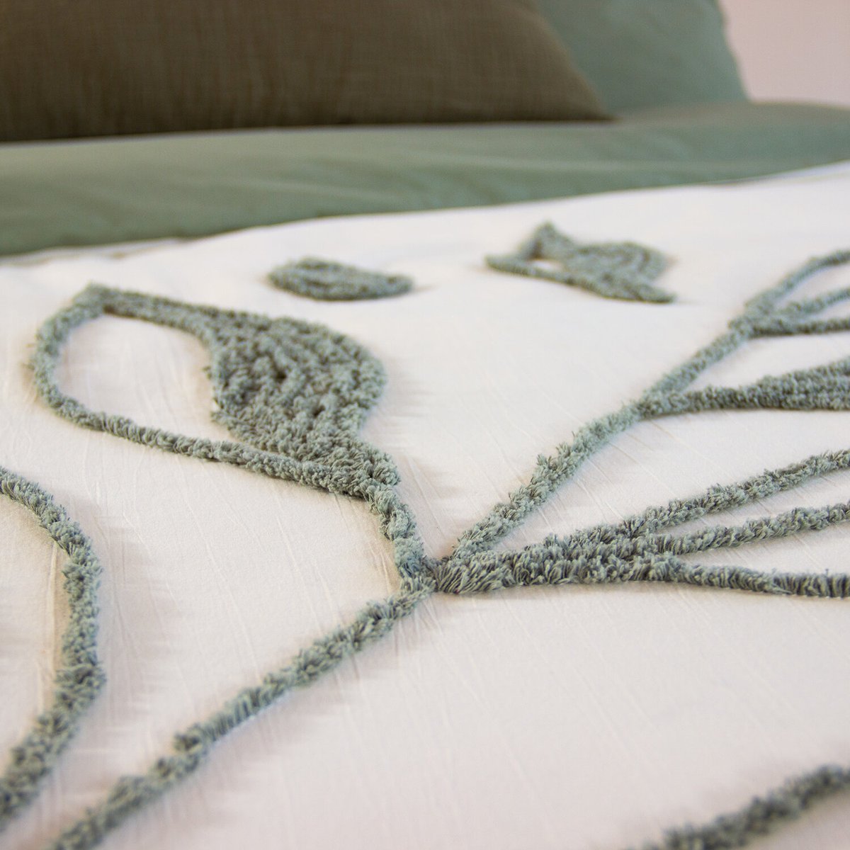 Parure de couette tufte 3pcs coton lave bci herbier blanc, C DESIGN HOME TEXTILE