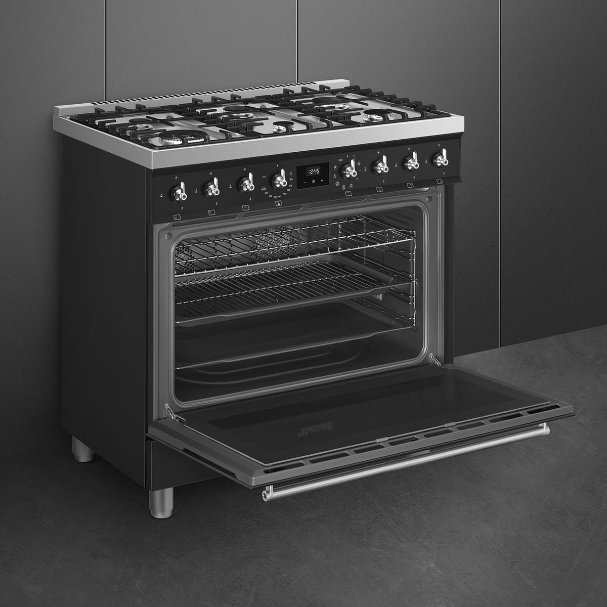Piano de cuisson gaz 6 feux 90 cm C9GM noir mat noir mat, SMEG