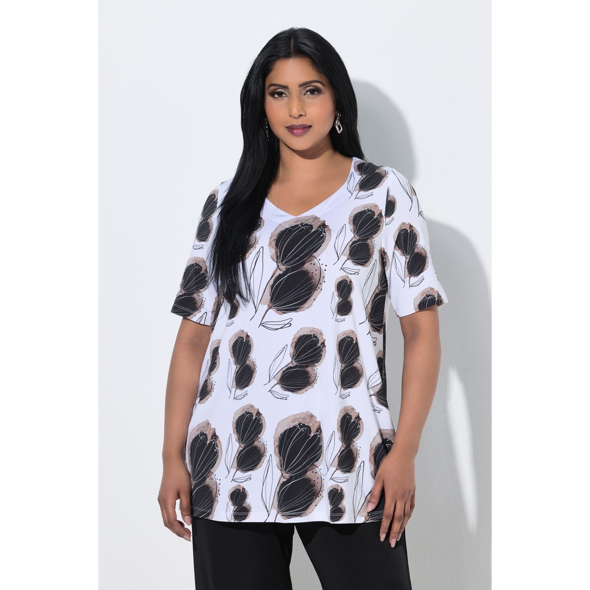 T-shirt au tombé fluide, motif floral gris beige, ULLA POPKEN