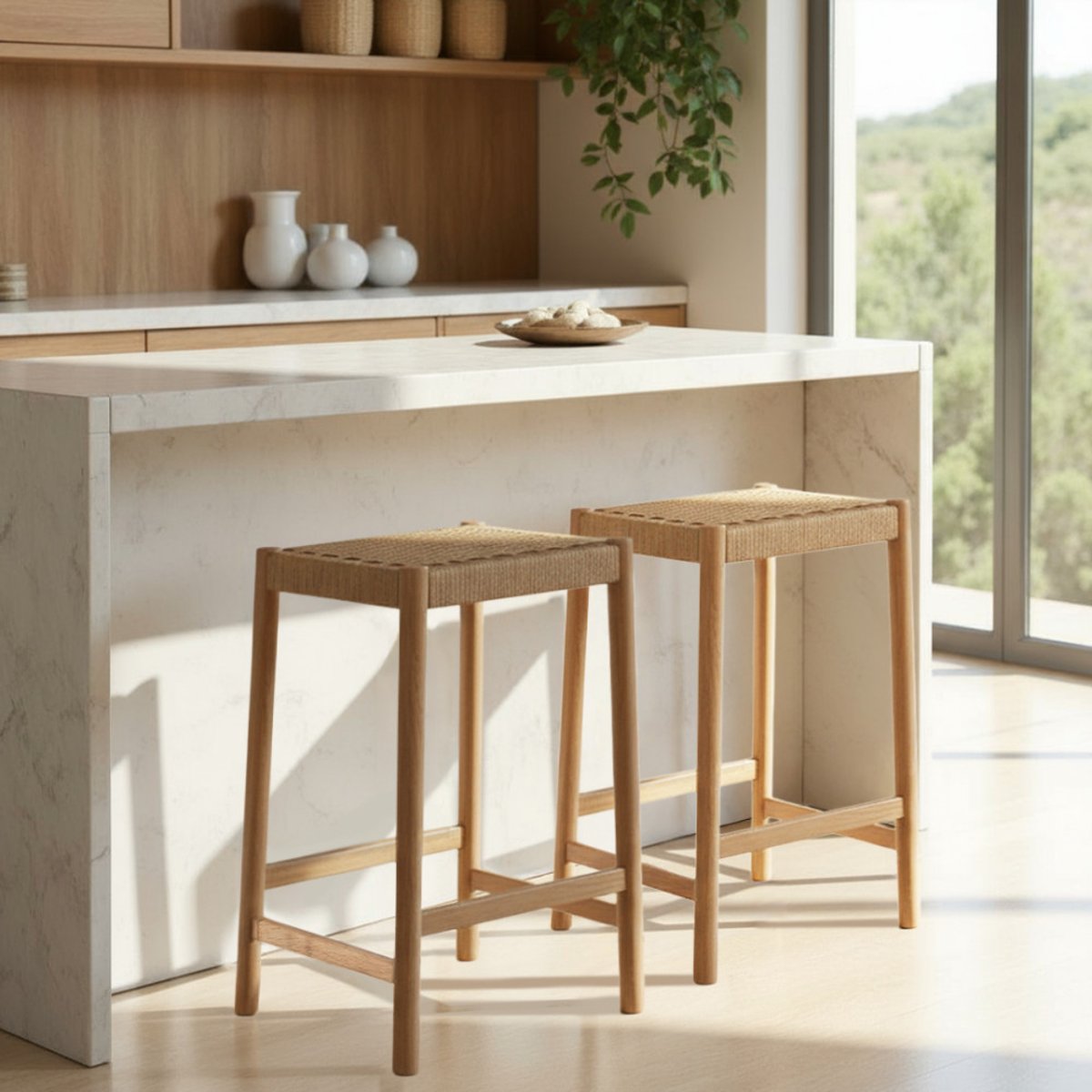 Tabouret de bar en corde tressée et bois H65cm- PAOLO bois clair, DRAWER
