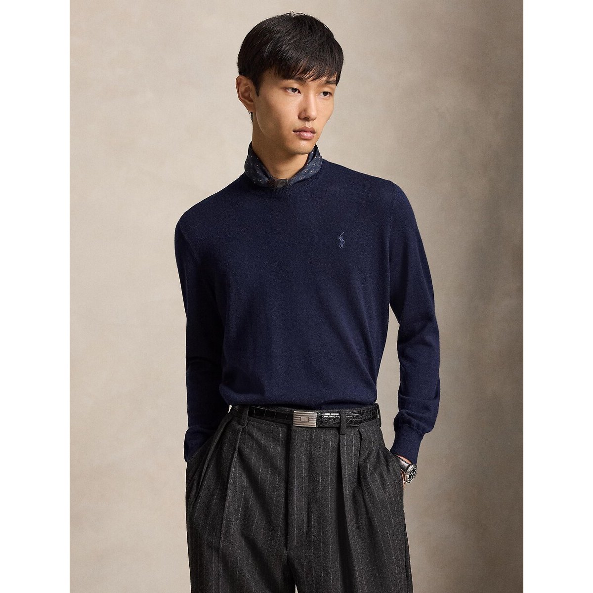 Pullover girocollo, in lana merino blu marino, POLO RALPH LAUREN
