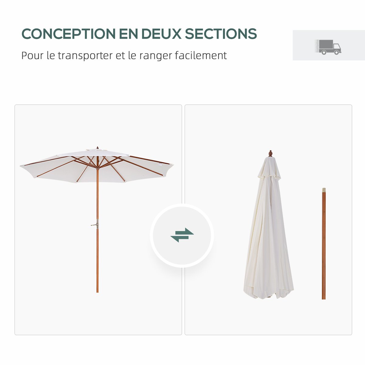 Parasol droit octogonal 2,7 x 2,5 m manivelle bois toile haute densité crème beige, OUTSUNNY