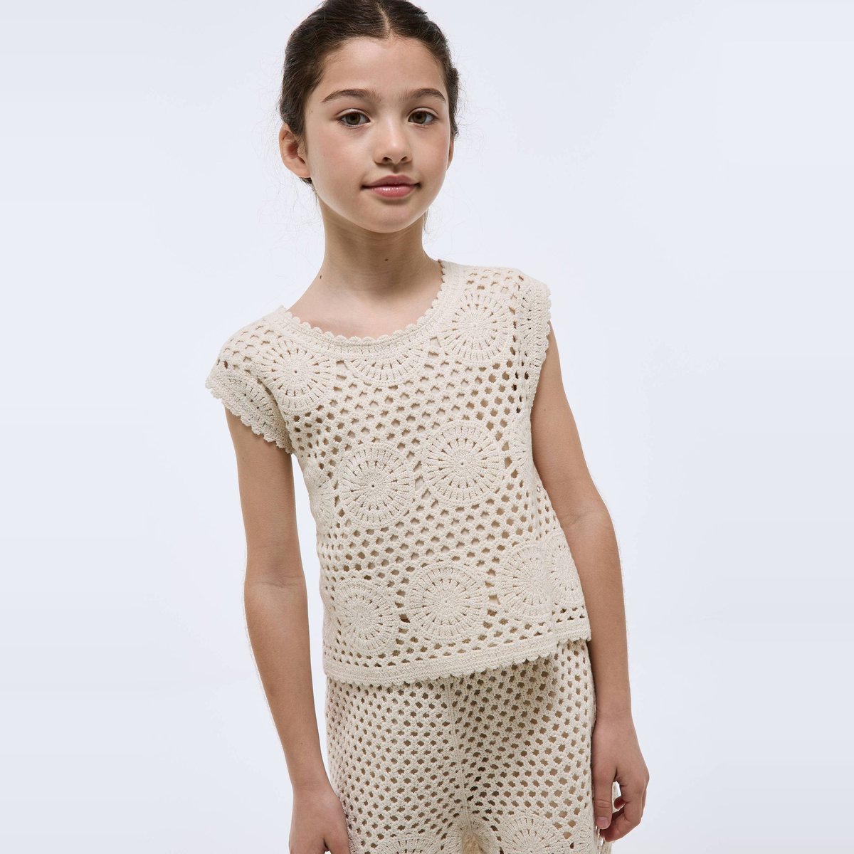 T-shirt en crochet en coton amaretti, MONOPRIX