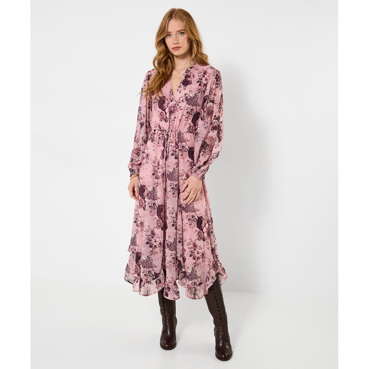 Élégante Robe Mi-Longue Fleurie à Ourlet à Volant rose, JOE BROWNS