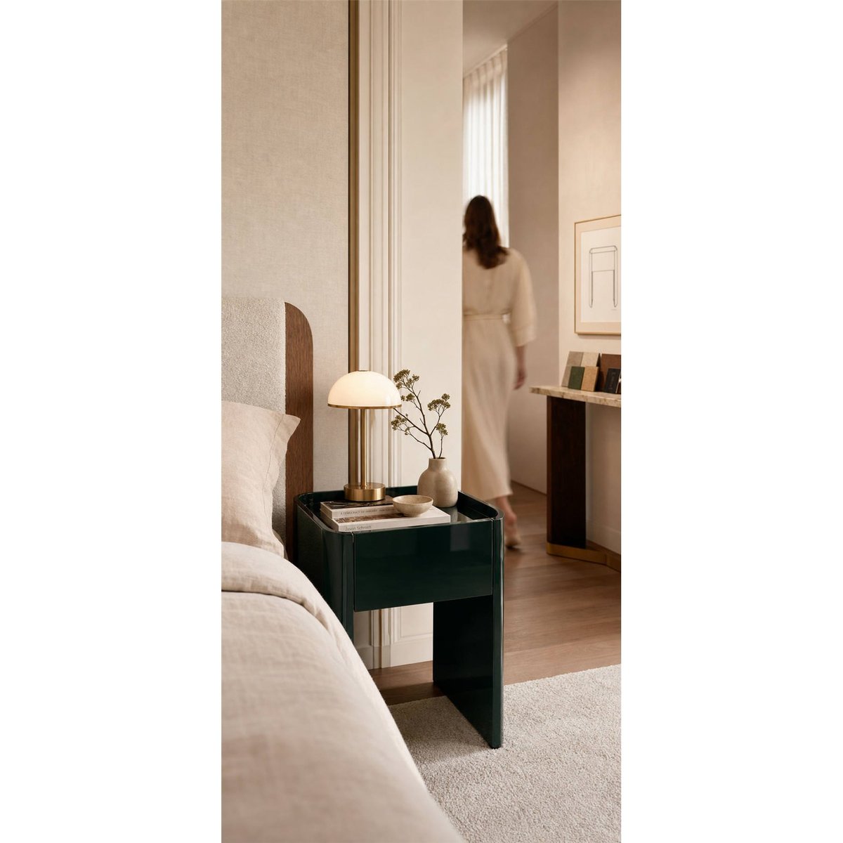 Table de chevet finition brillante, 1 Tiroir vert foncé brillant, RECOLLECTION