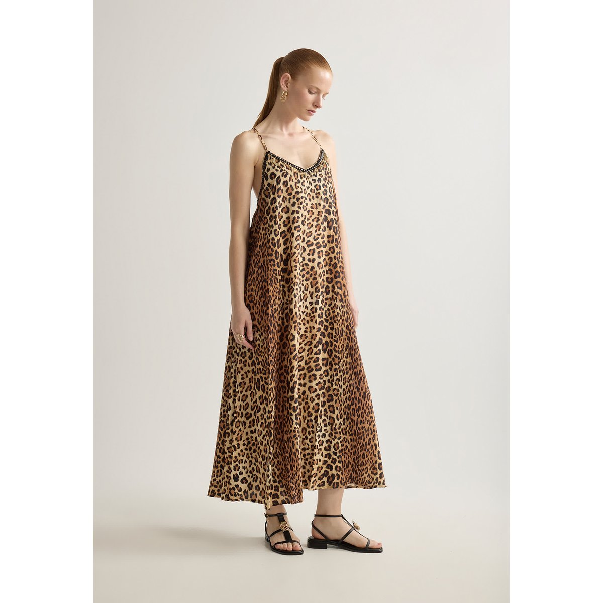 Robe longue imprimé léopard à bretelles et strass léopard, LOLA CASADEMUNT