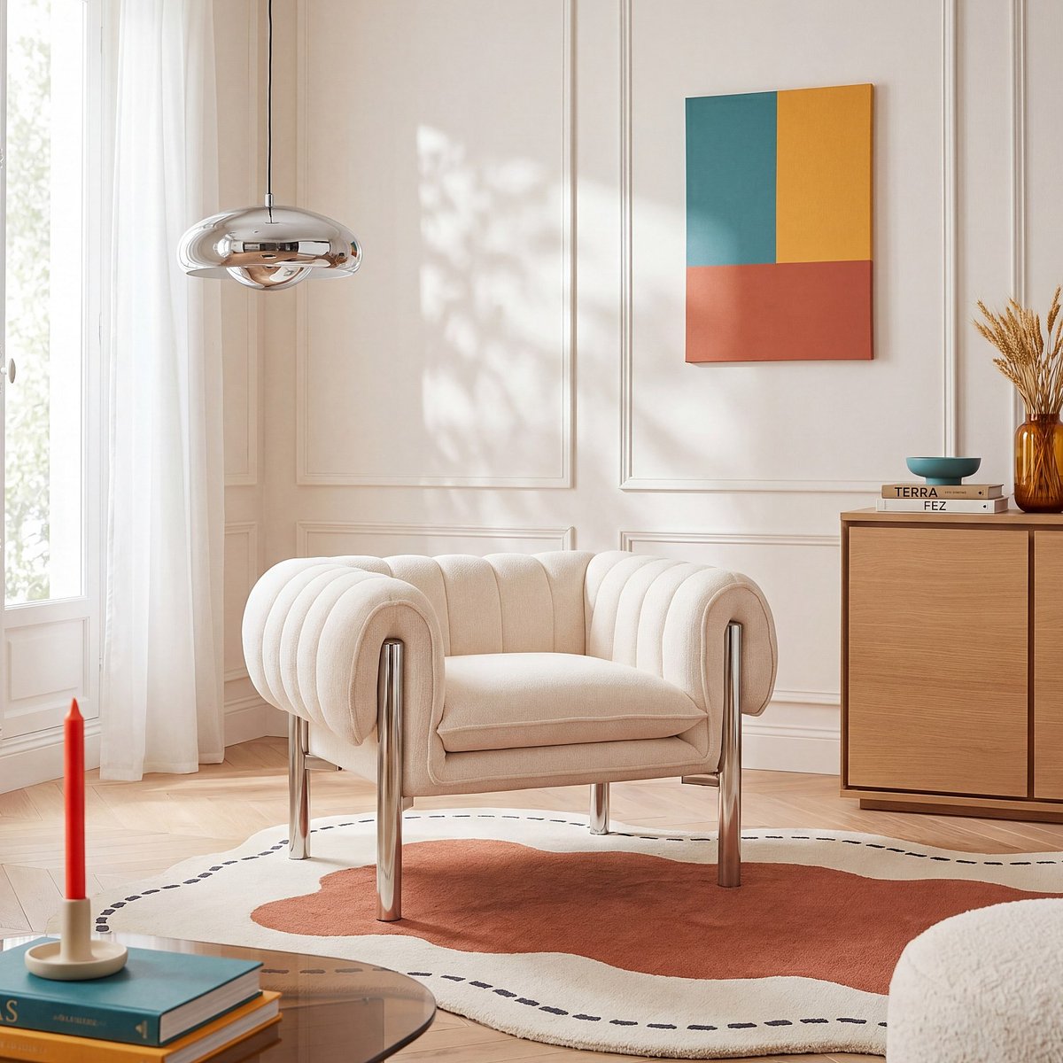 Fauteuil droit pin, bois, acier inoxydable, polyester OSINI beige, HABITAT